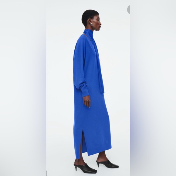 Cos Blue 100% Wool Knit Maxi Sweater Dress Scarf Neck M Quiet Luxury Minimalist - Picture 2 of 10